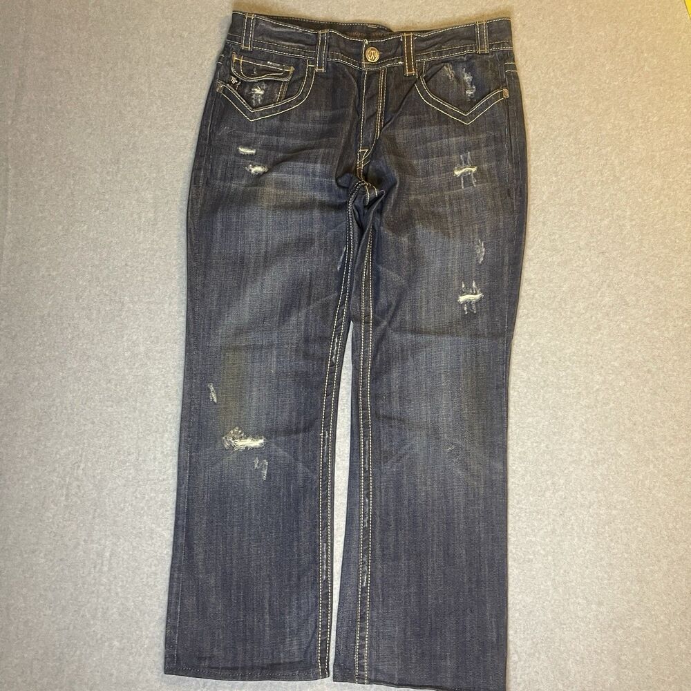 Y2K MEK DENIM Bootcut Medium Wash Blue Distressed Embroidered Men Skater Baggy